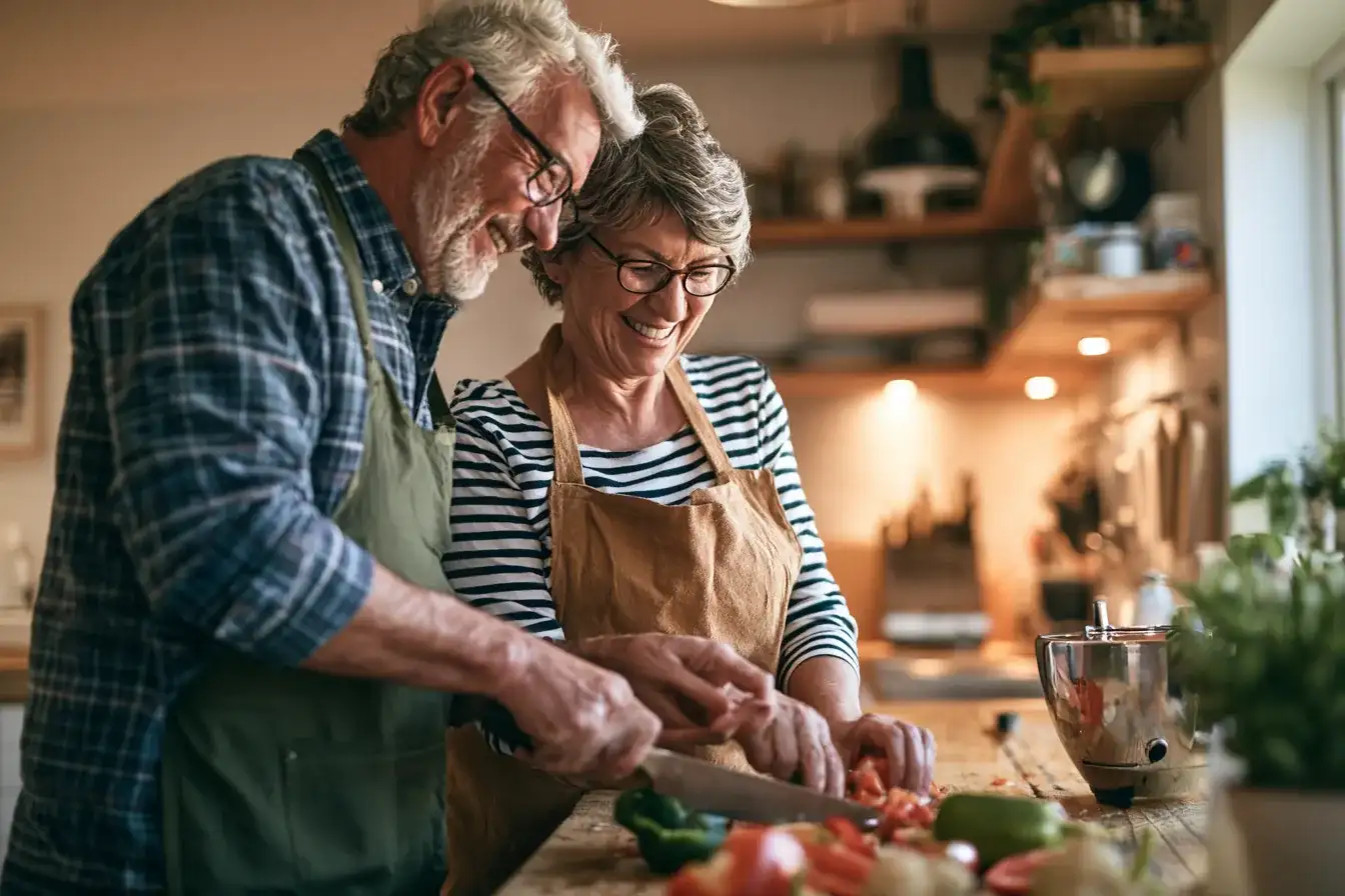 An older couple in their seventies preparing vegetables together in a sunlit kitchen
