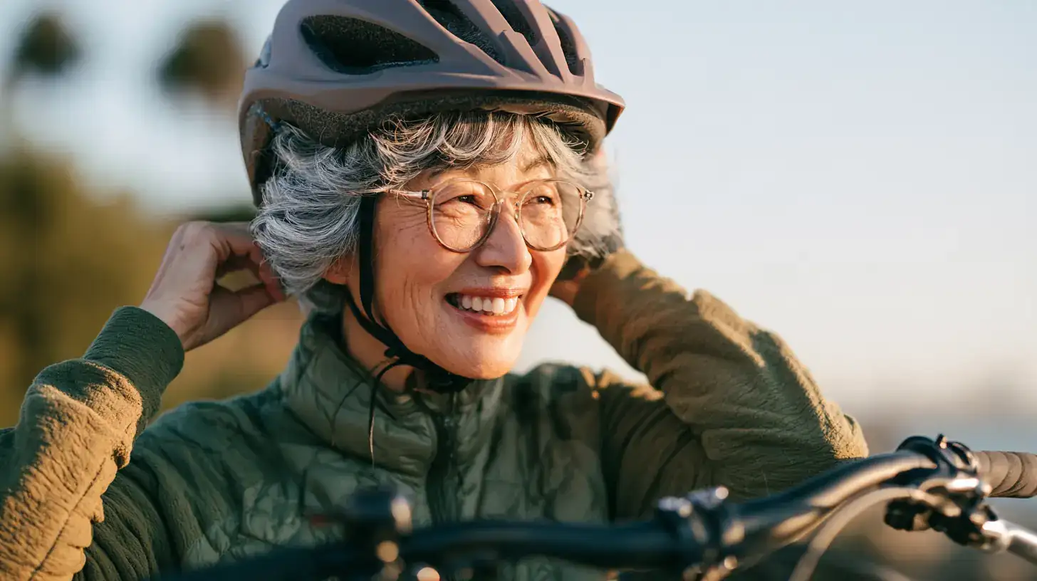 An Asian woman in her seventies clipping a helmet on beside a bicycle