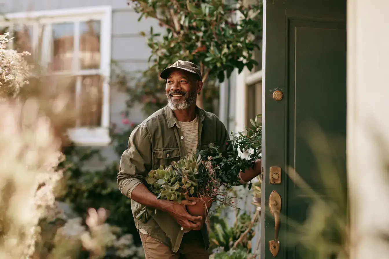 A Black man in his fifties arriving at a front door with a plant in hand