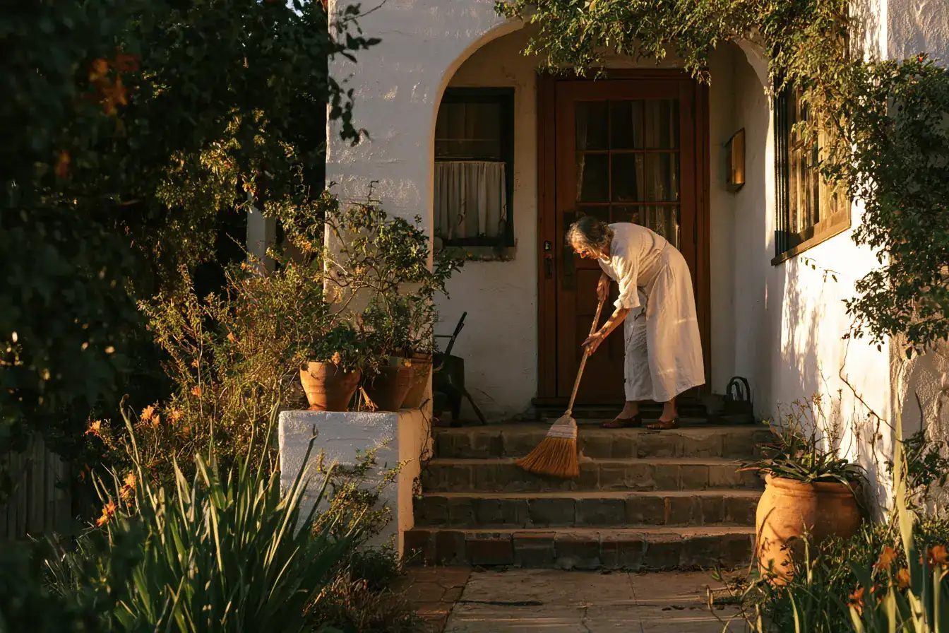 A white woman in her fifties sweeping a front step in morning light