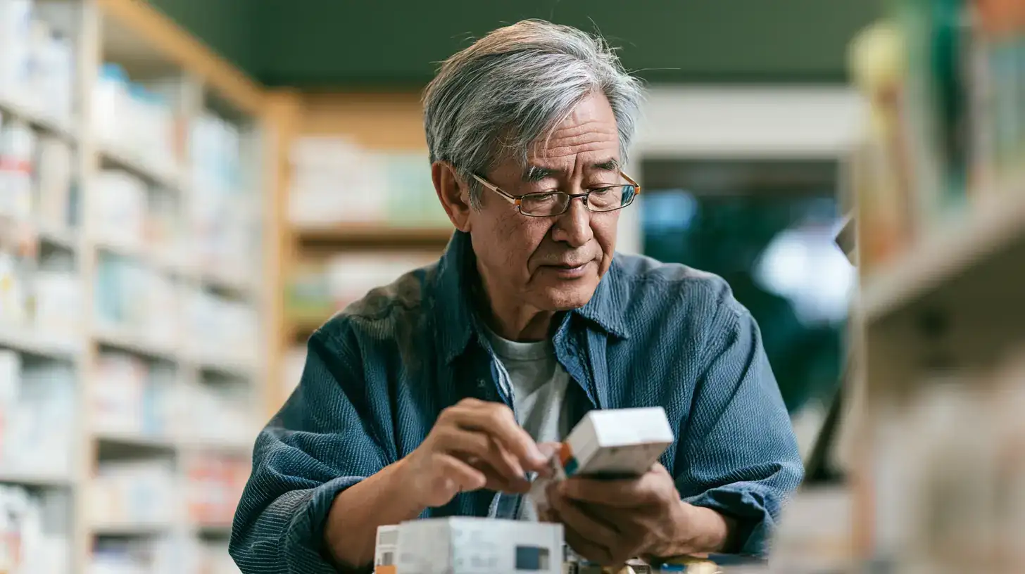 An Asian man in his late sixties lacing shoes by the front door, coat already on