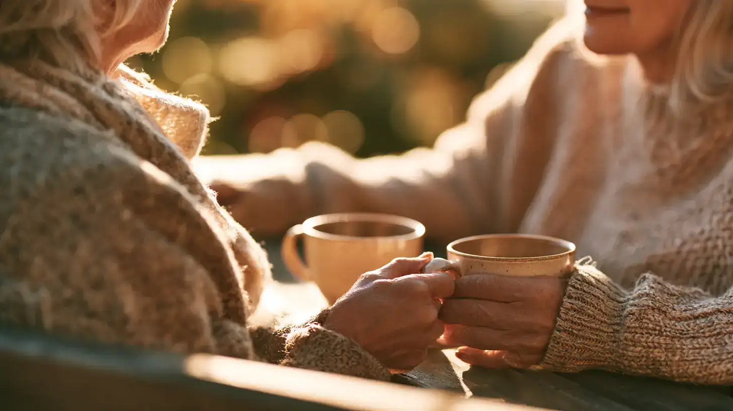 Two old friends in their seventies sharing a bench, coffee cups between them
