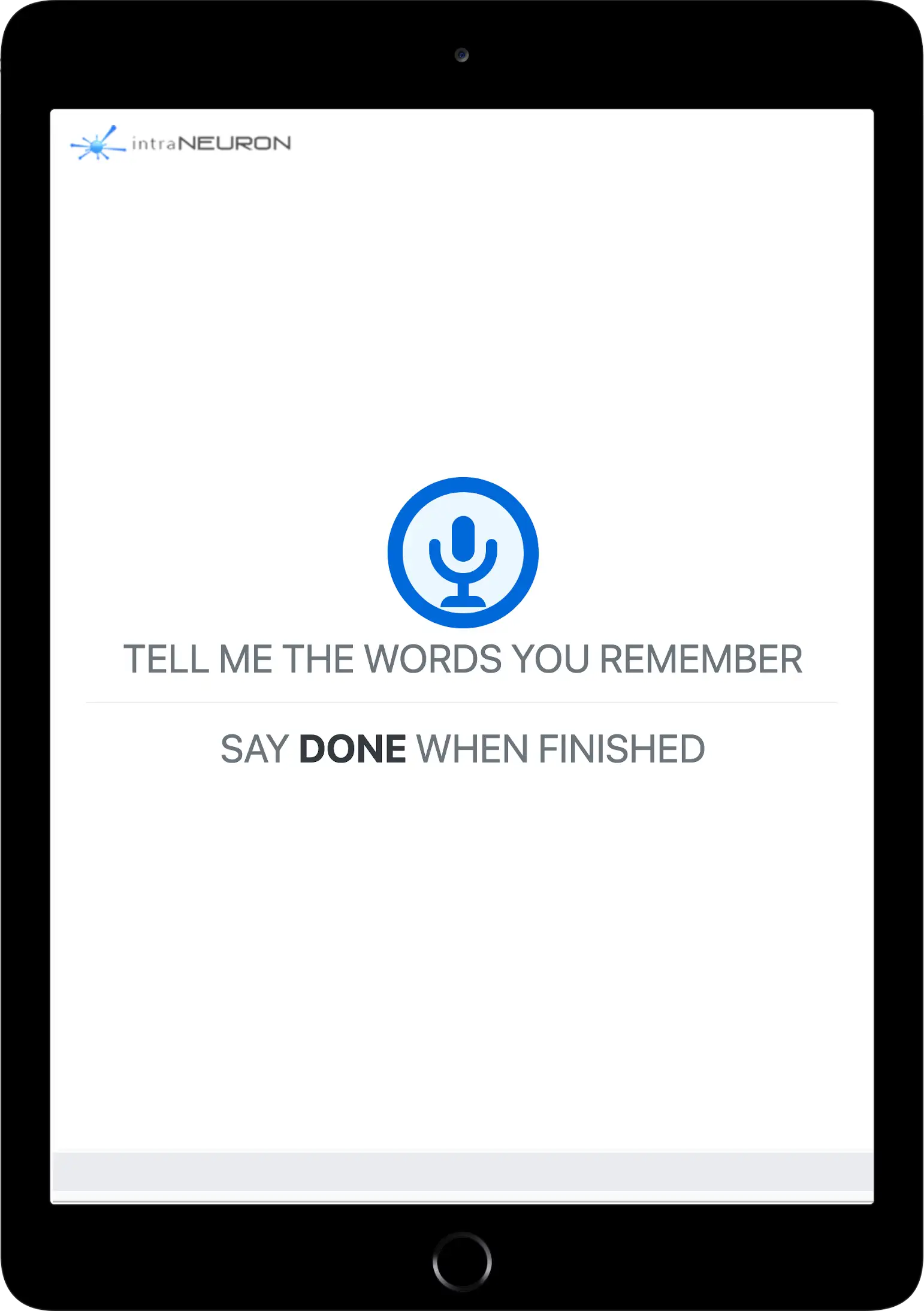 The Memory Exam on an iPad, asking the person to say the words they remember