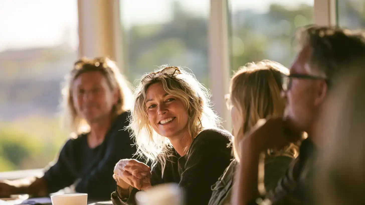 A small group of friends in their sixties and seventies, mixed races and both genders, tilting a head to follow a story at a long outdoor table