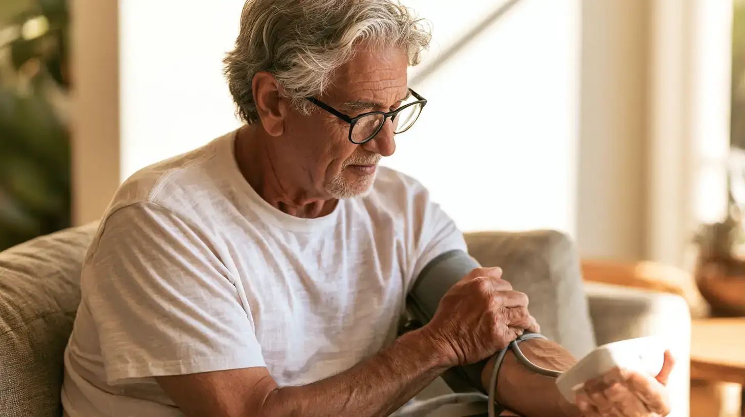 A white man in his seventies noting numbers in a pocket notebook by the window