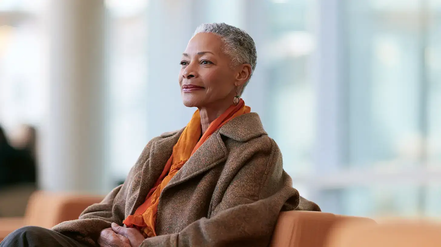 A Black woman in her seventies waiting in a bright airy reception, coat on lap