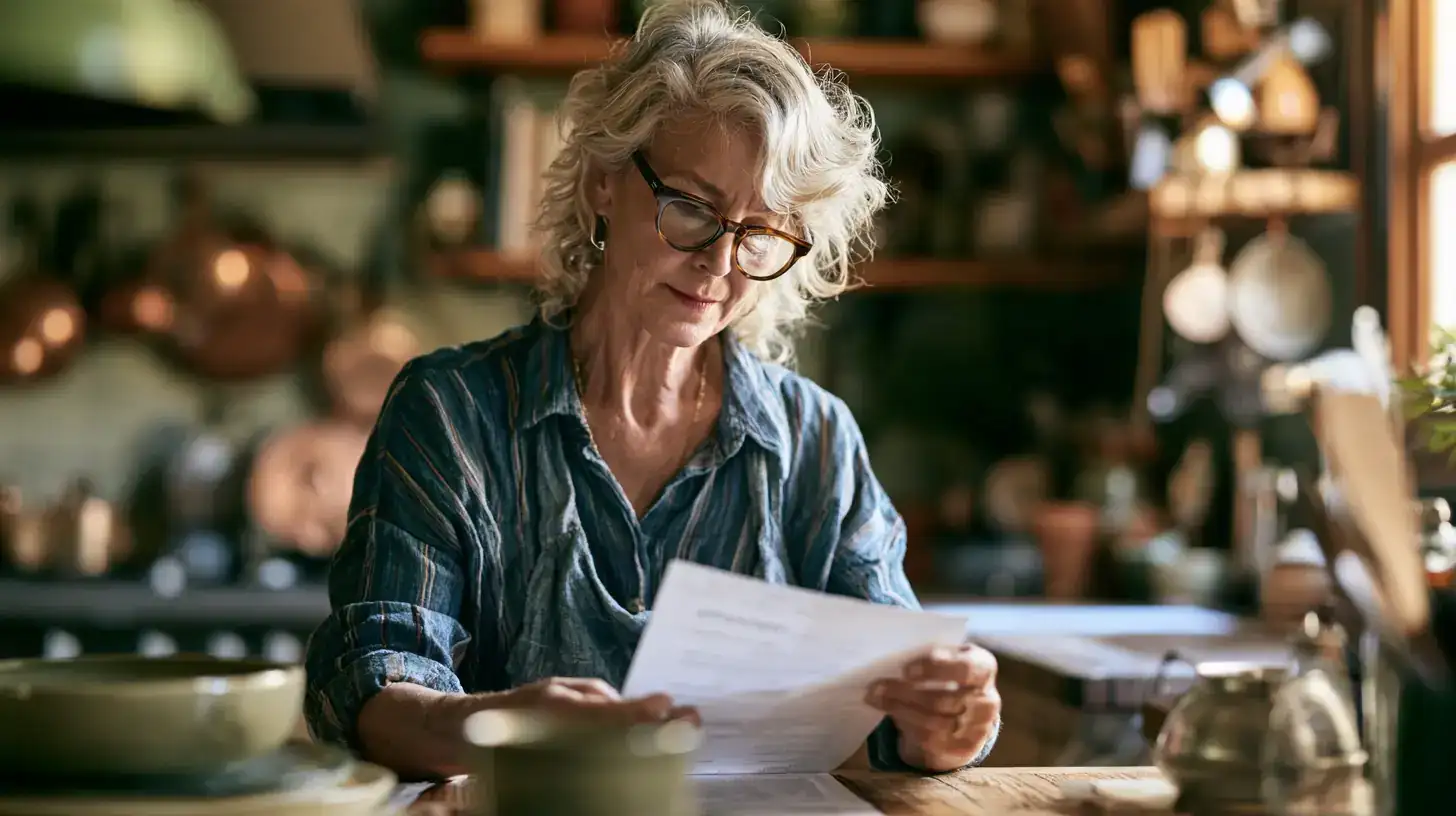 A white woman in her fifties reading an appointment letter at the kitchen table