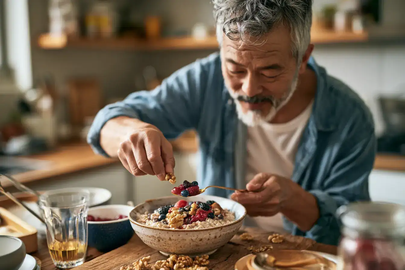 An Asian man in his fifties adding berries and walnuts to oatmeal at breakfast