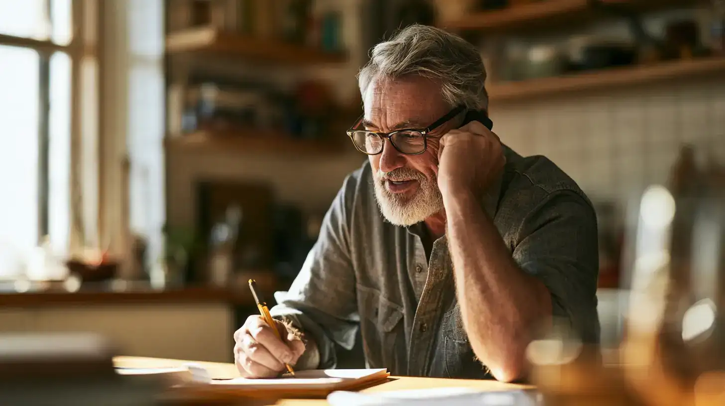 A white man in his sixties on the phone to a quitline, notepad ready