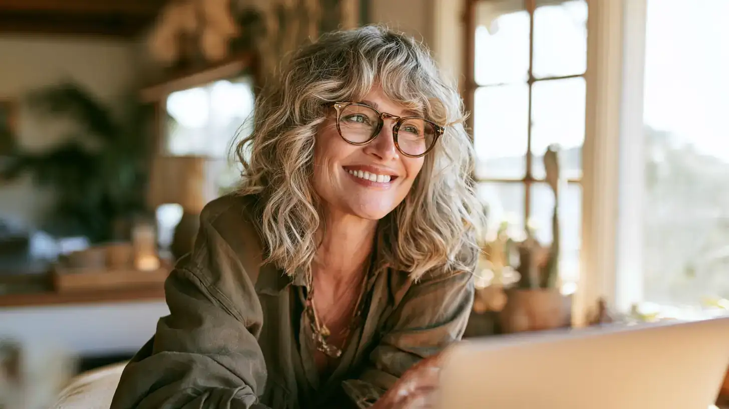 A woman in her fifties smiling at a laptop at home warm morni