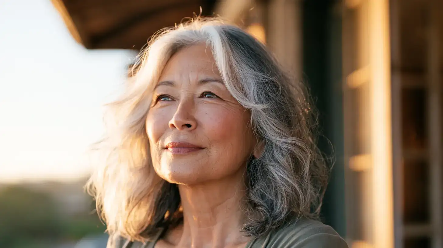 A small group of friends in their sixties and seventies, mixed races and both genders, tilting a head to follow a story at a long outdoor table