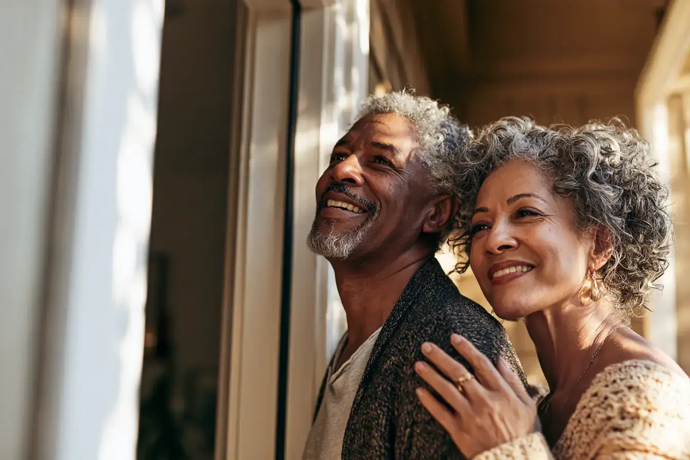 A Black man in his sixties and his wife standing in a doorway saying goodbye