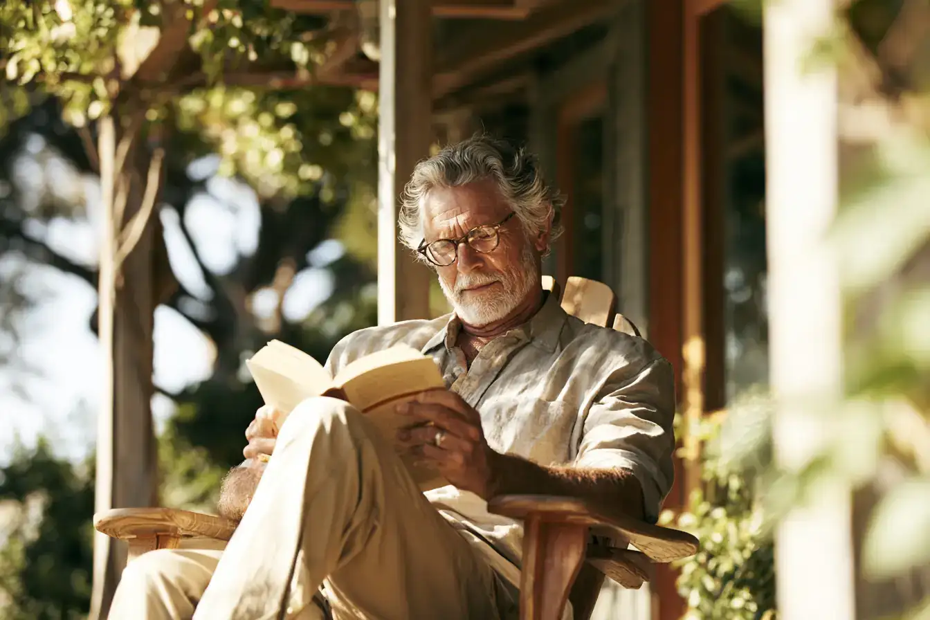 A white man in his seventies waiting in a bright airy reception, coat on lap