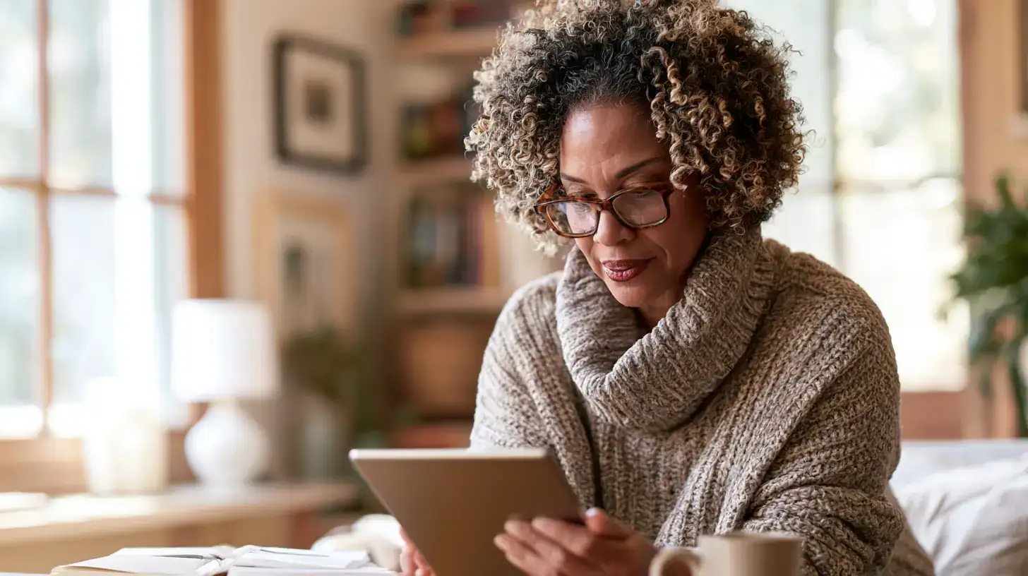 A Black woman in her fifties cooking with a cookbook propped open against a jar