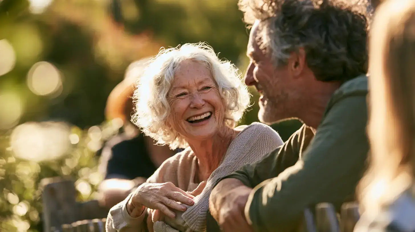 A white woman in her seventies and her adult son leaning over a garden fence mid-anecdote with a neighbour