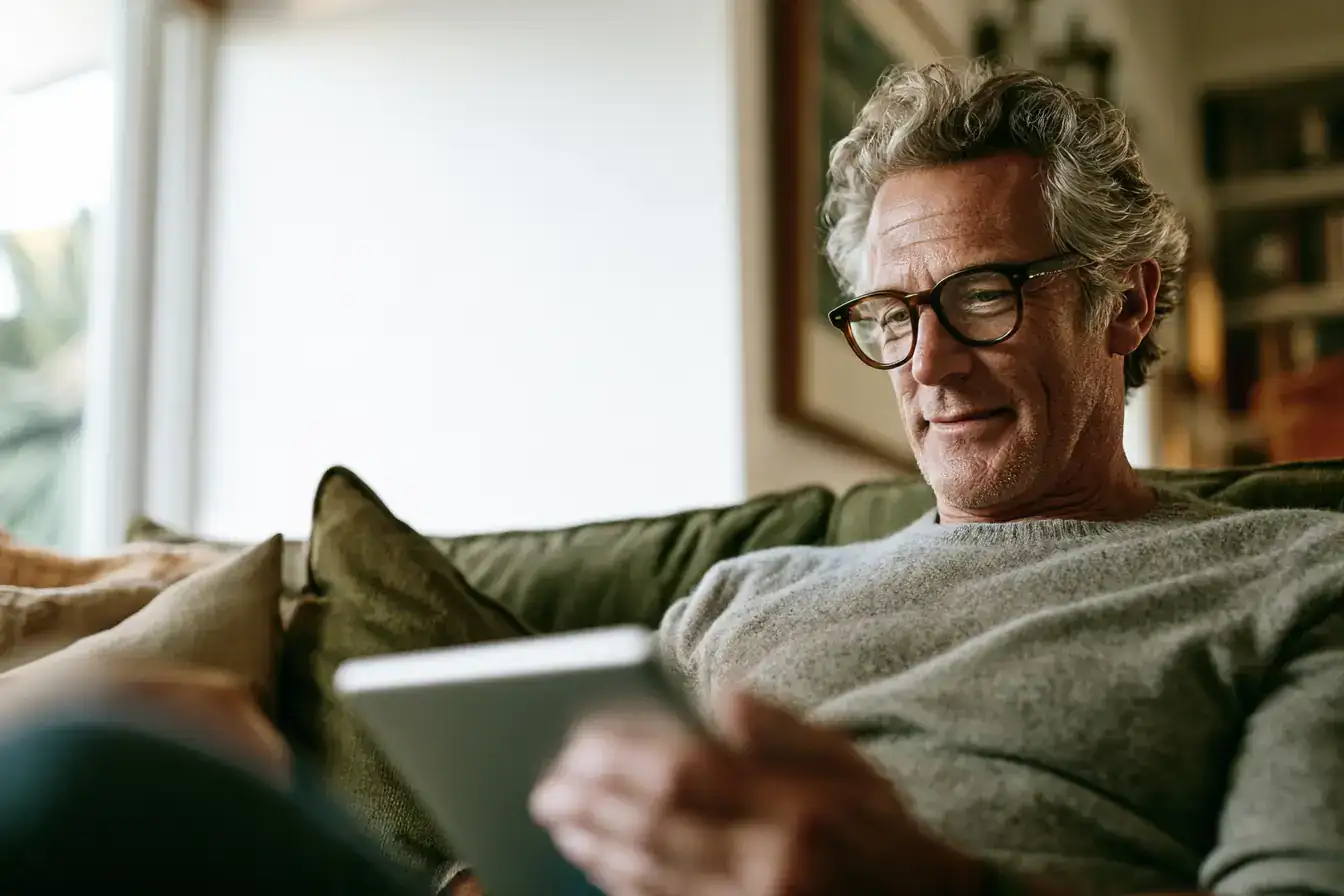A white man in his sixties looking at a simple results page o