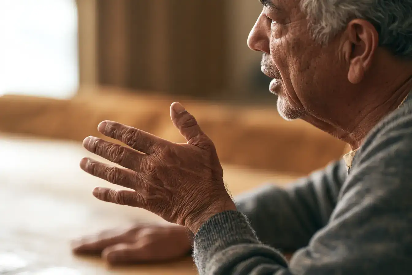 An Asian man in his fifties repeating a word aloud, hand resting on the table