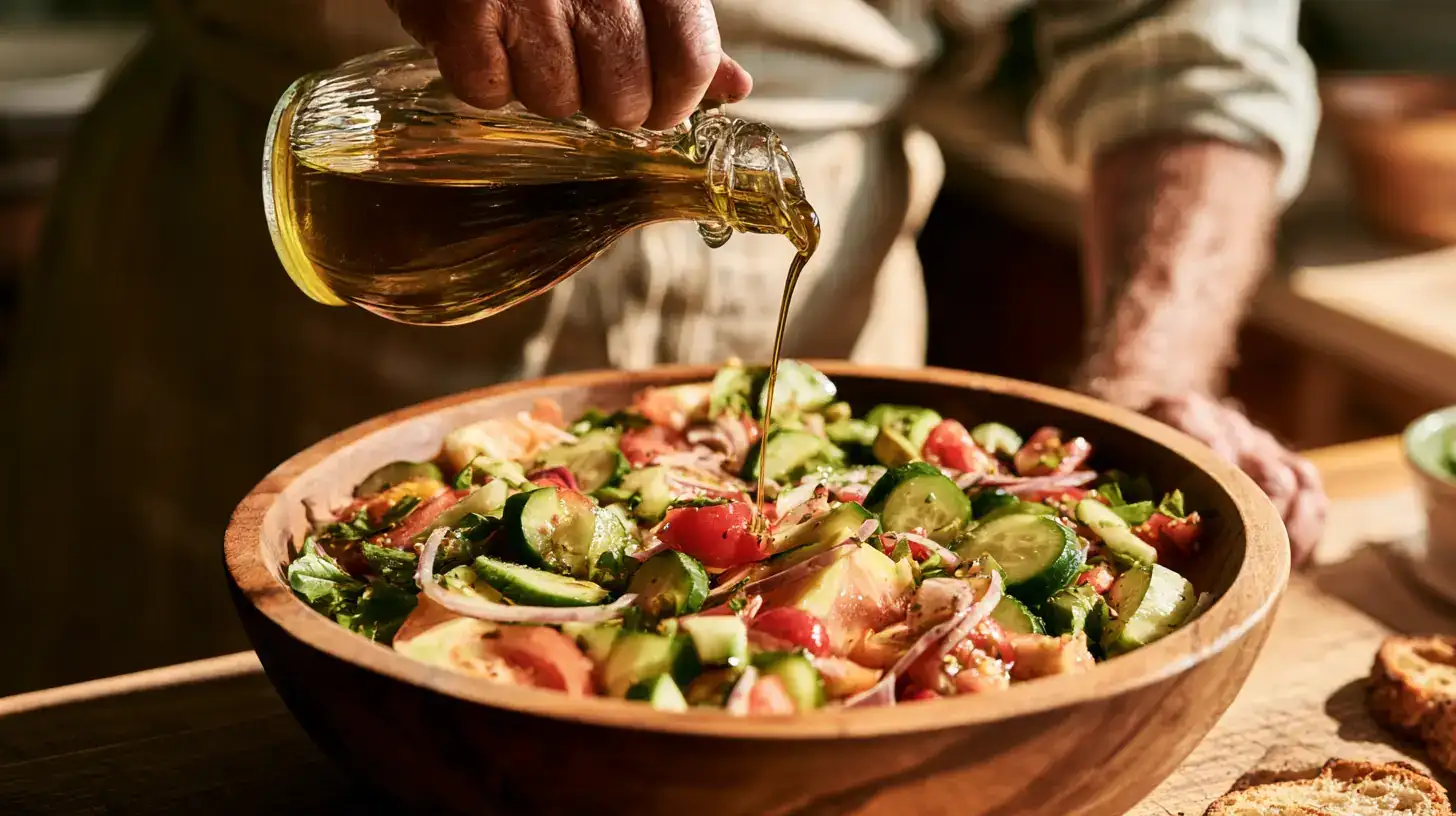 A white man in his sixties pouring olive oil over a salad in a wooden bowl