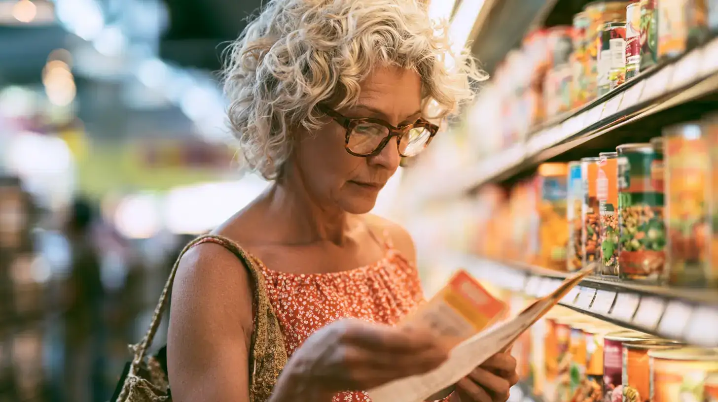 A white woman in her fifties checking a label against a written list