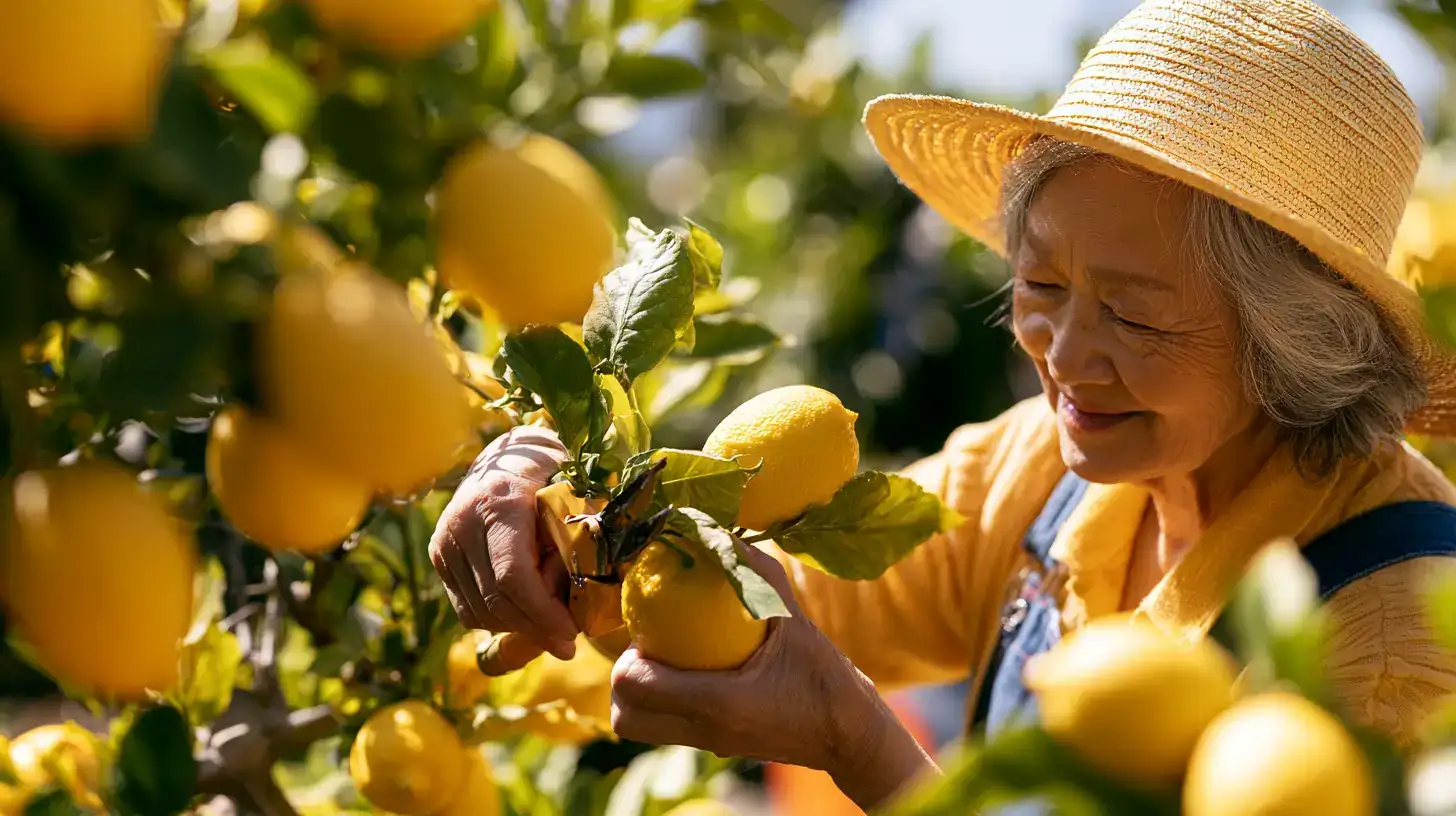 An Asian woman in her seventies pruning a lemon tree in afternoon light