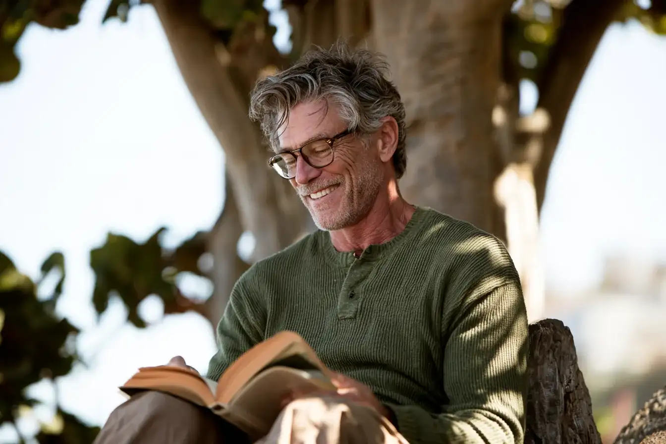 A man in his seventies reading outdoors in dappled morning light