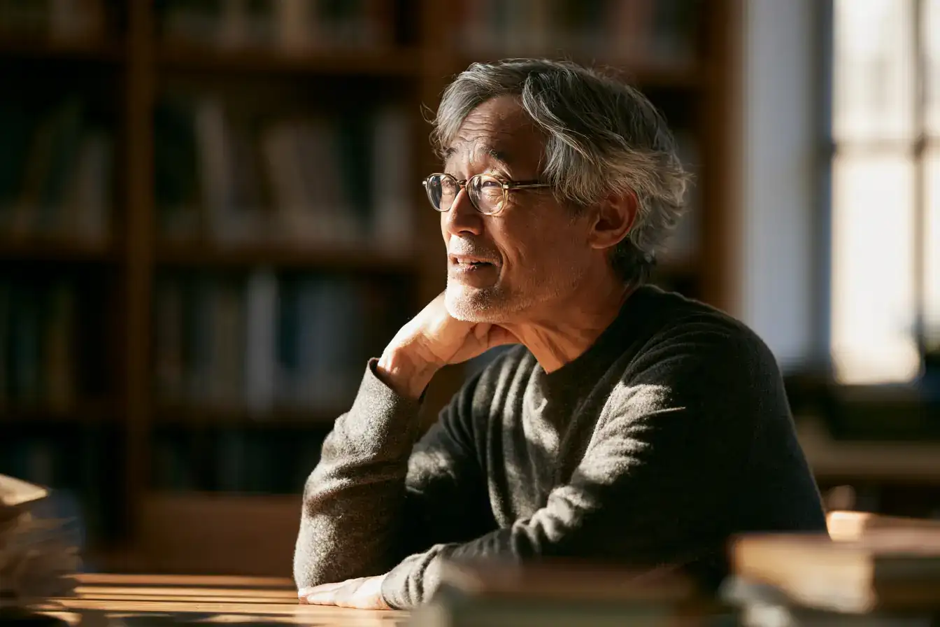 An Asian man in his late sixties at a library table with afternoon light across it