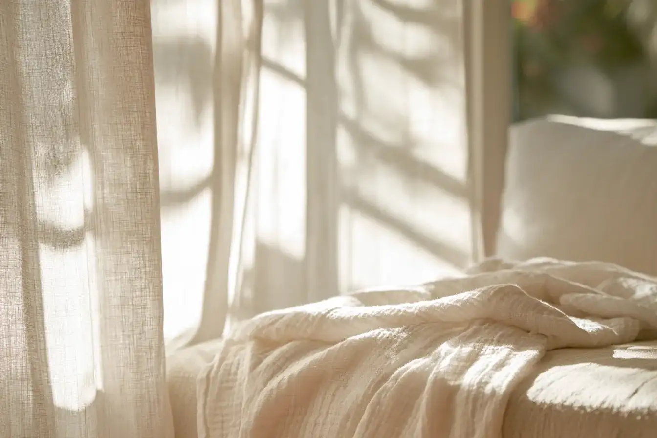 A bright airy room at dawn with soft light falling through linen curtains onto a neatly folded blanket