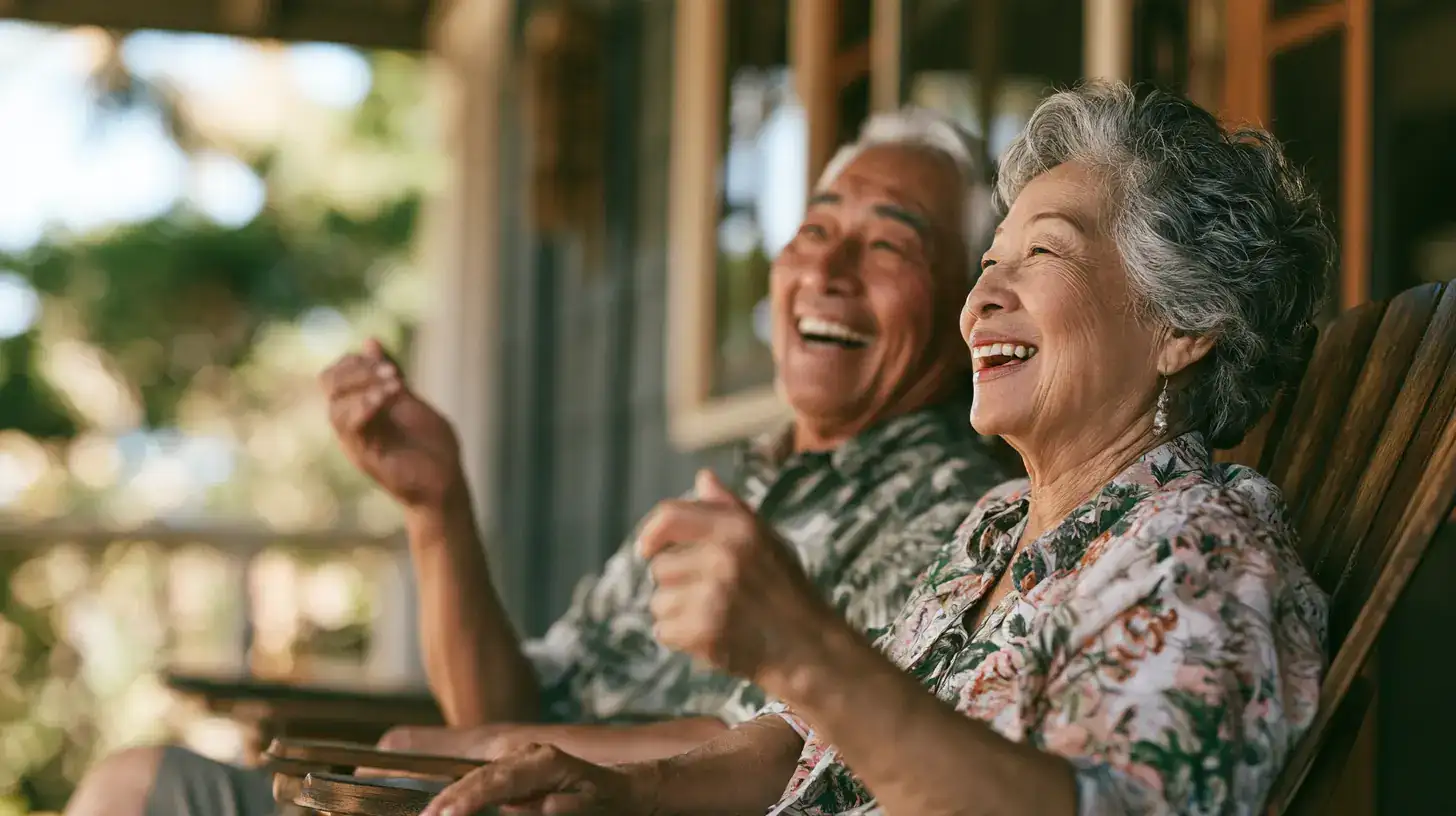 An Asian couple in their seventies, hand raised mid-gesture, telling a story on a porch