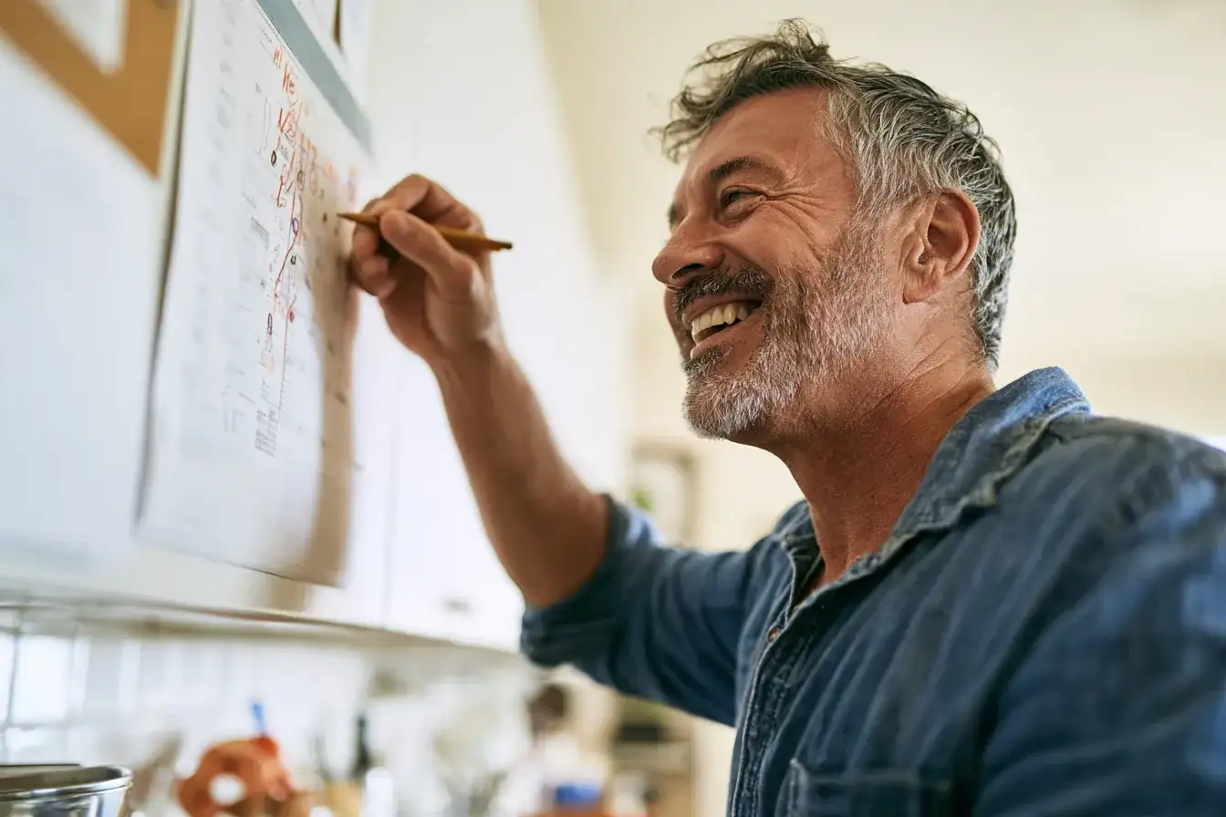 A man in his seventies cheerfully marking a wall calendar in a bright kitchen
