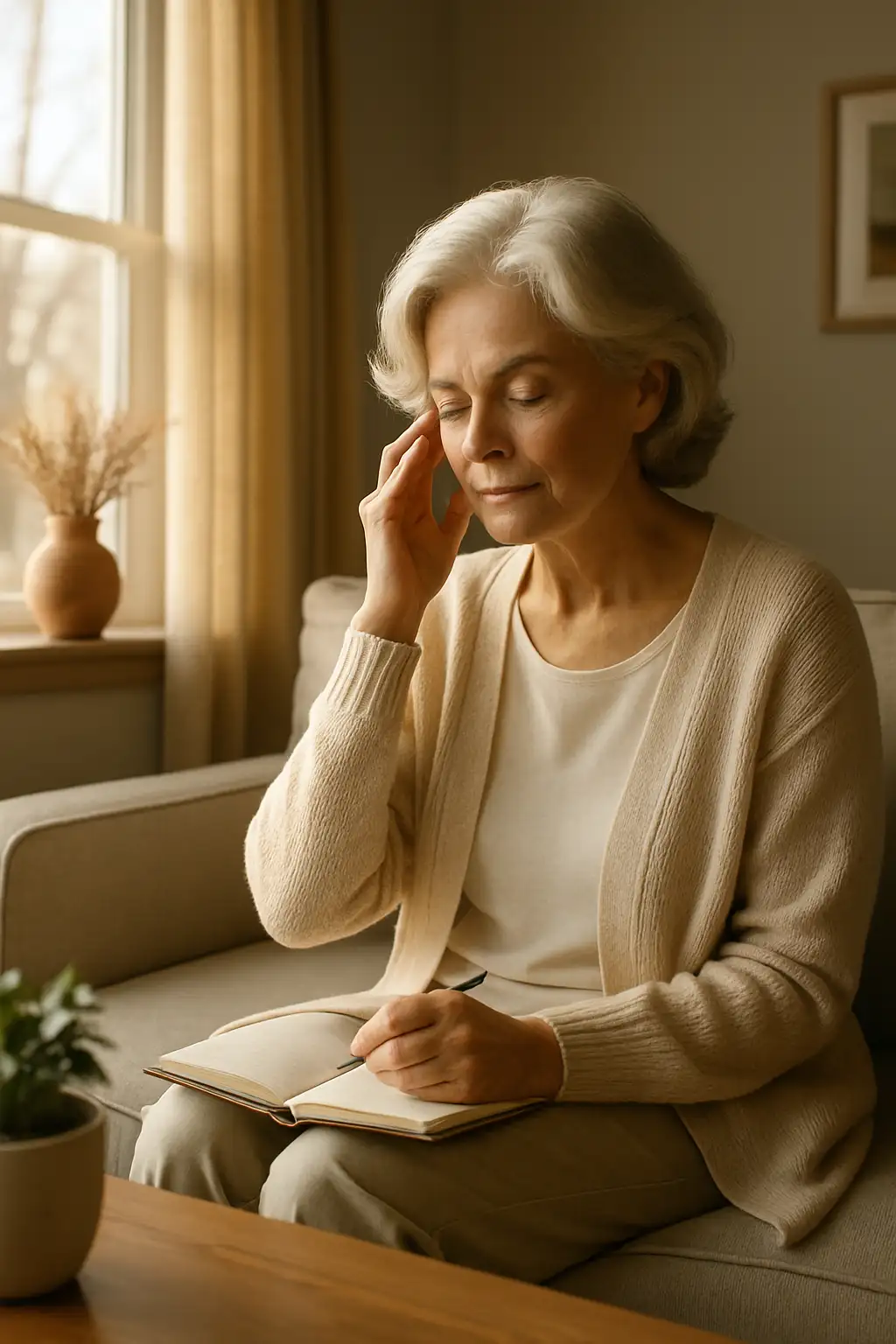 A woman writing in a journal at home