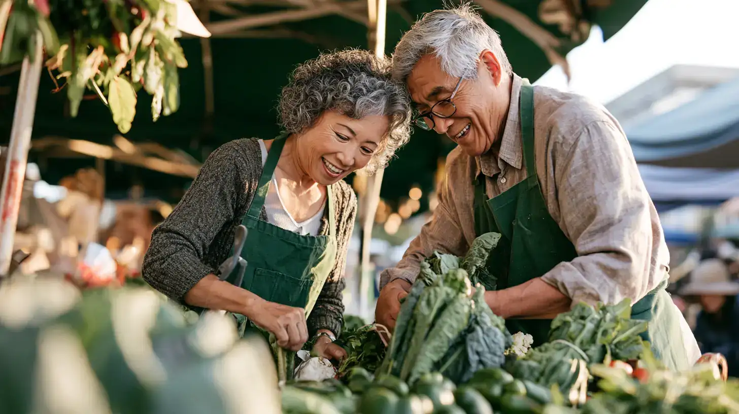 An Asian couple in their seventies choosing and preparing veg