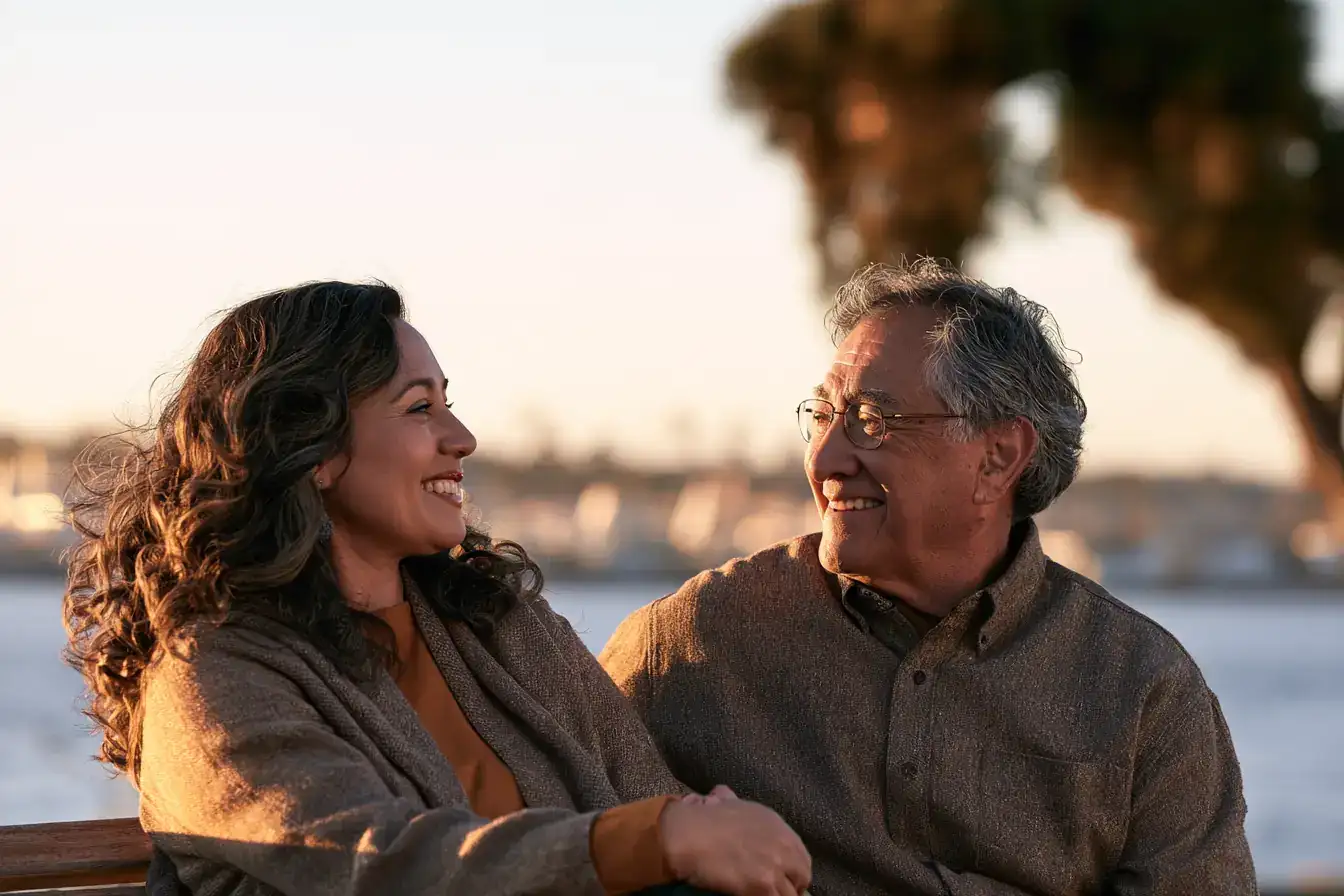 A Latina woman in her fifties and her father in his seventies listening to a pharmacist pointing something out on a box