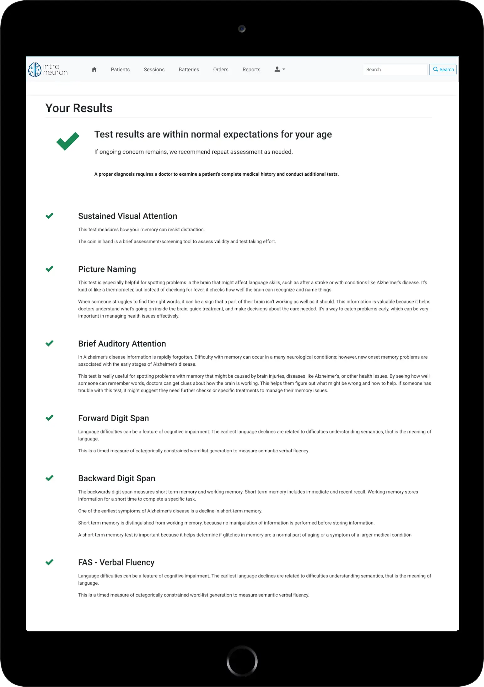 The Memory Exam patient report shown on an iPad