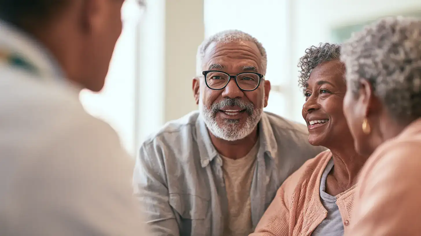 A Black woman in her fifties and her mother in her late seventies taking notes together while a clinician talks