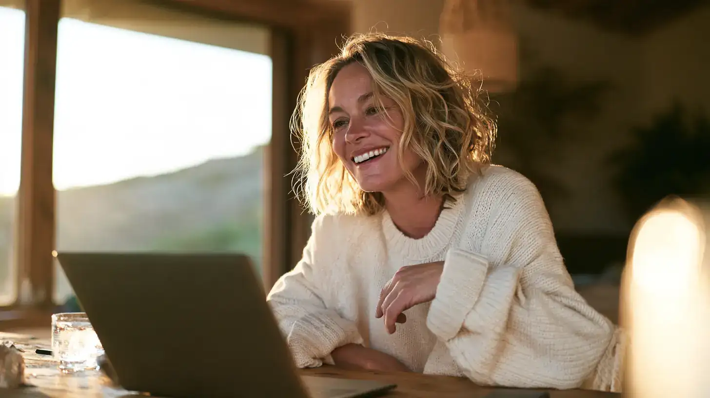A woman in her fifties smiling at a laptop at home warm morni