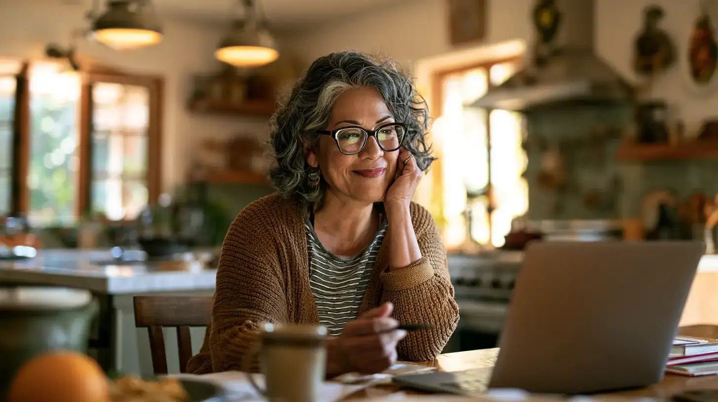 A Latina woman in her sixties at a kitchen table cleared of clutter before starting
