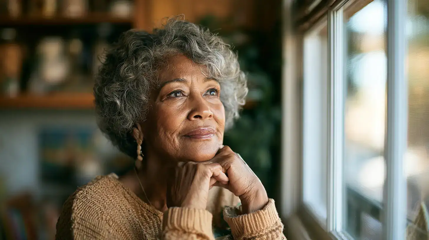 A Black woman in her seventies watching the street wake up from a kitchen window