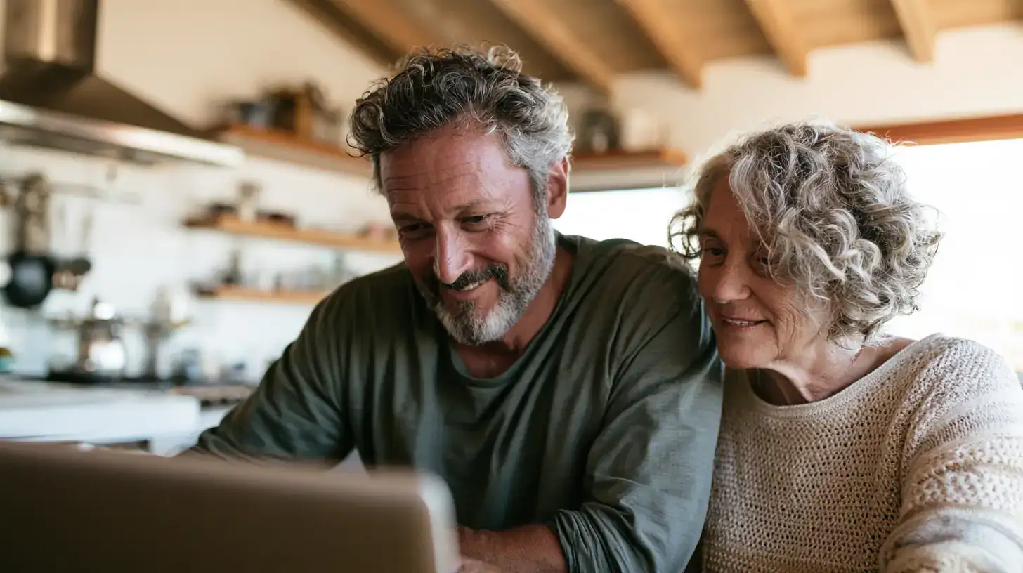 A man in his fifties and his mother in her late seventies sit