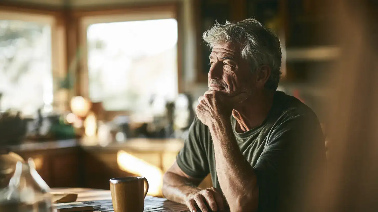 A white man in his sixties holding a tablet at arm's length, reading a result
