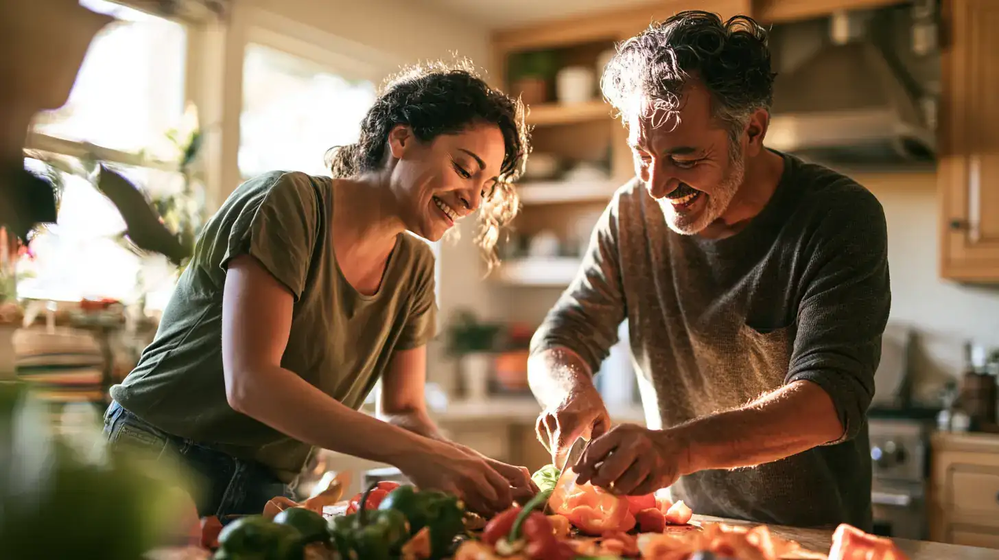 A Latina woman in her fifties and her father in his seventies laughing at something a grandchild just whispered