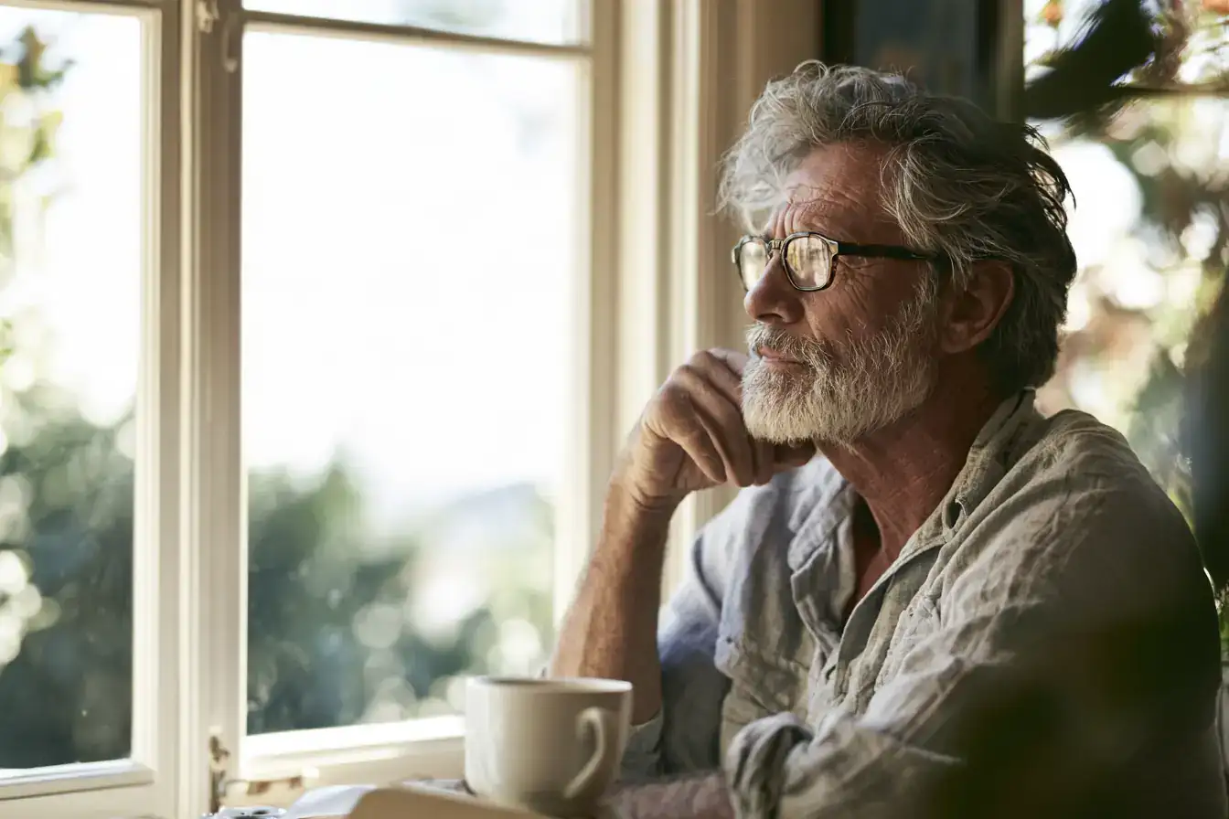 A white man in his seventies sitting quietly with a coffee th