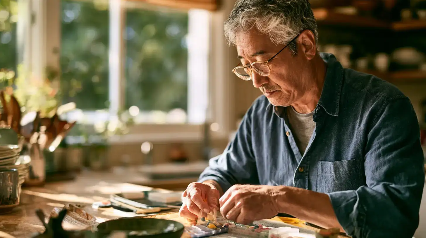 An Asian man in his late sixties writing something in a notebook at a cafe