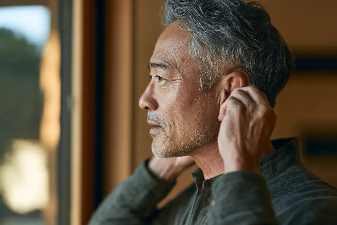 An Asian man in his fifties adjusting a hearing aid before answering the door