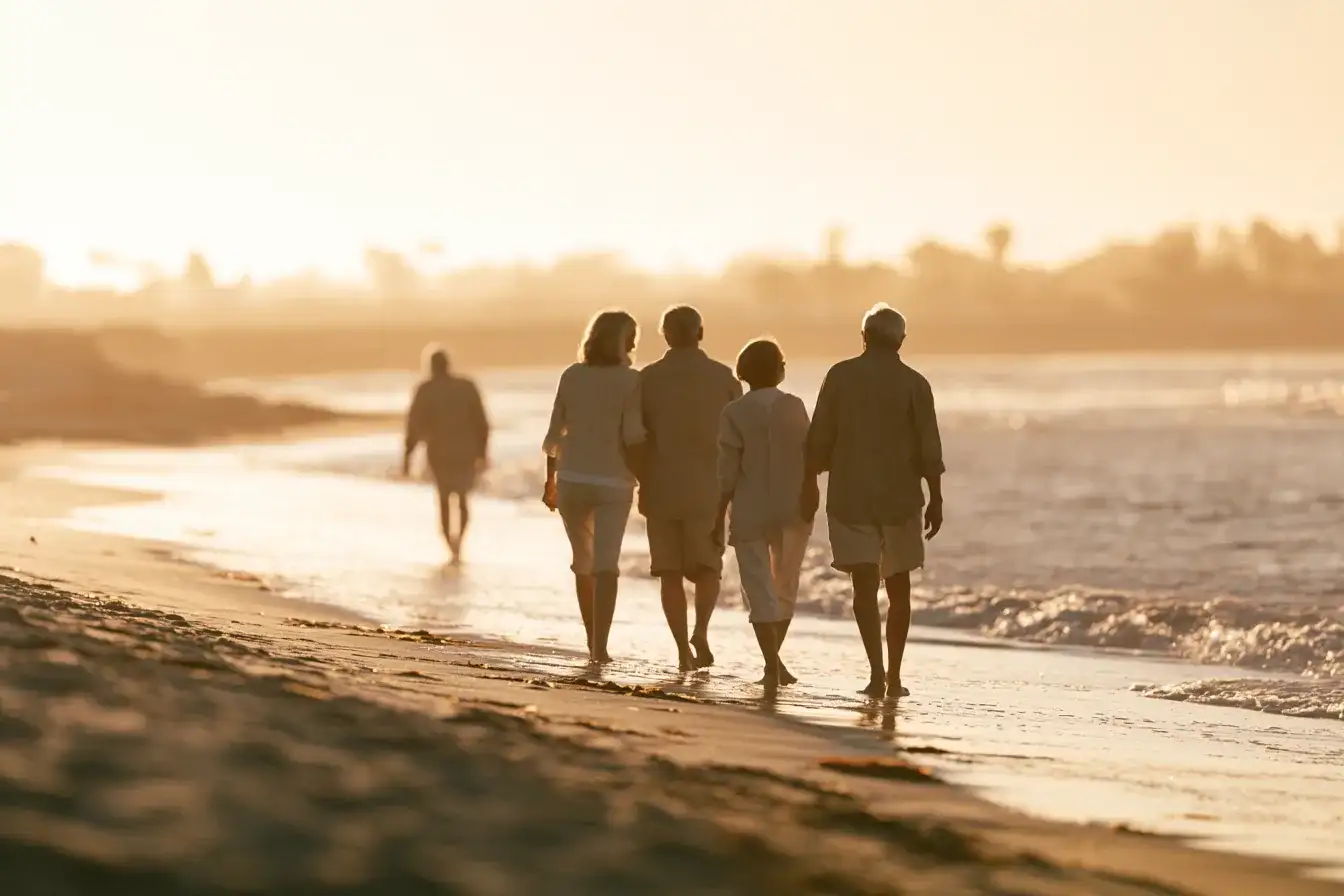 Four friends in their seventies walking together along Mission Bay at sunrise