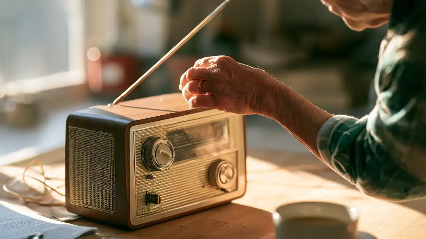 A white woman in her fifties turning down a radio to hear the other person better