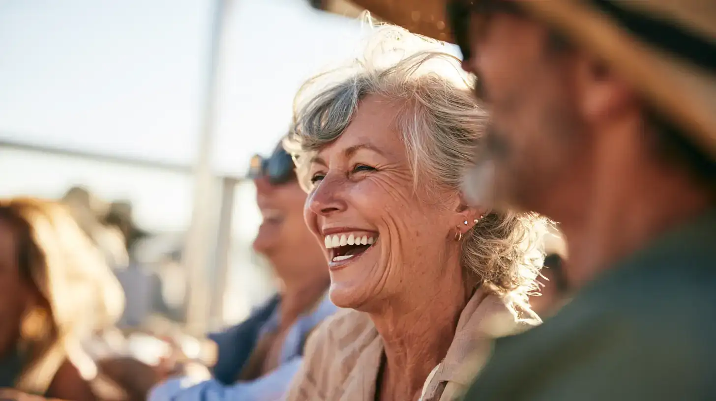 A woman in her seventies laughing with a friend on a sunlit t