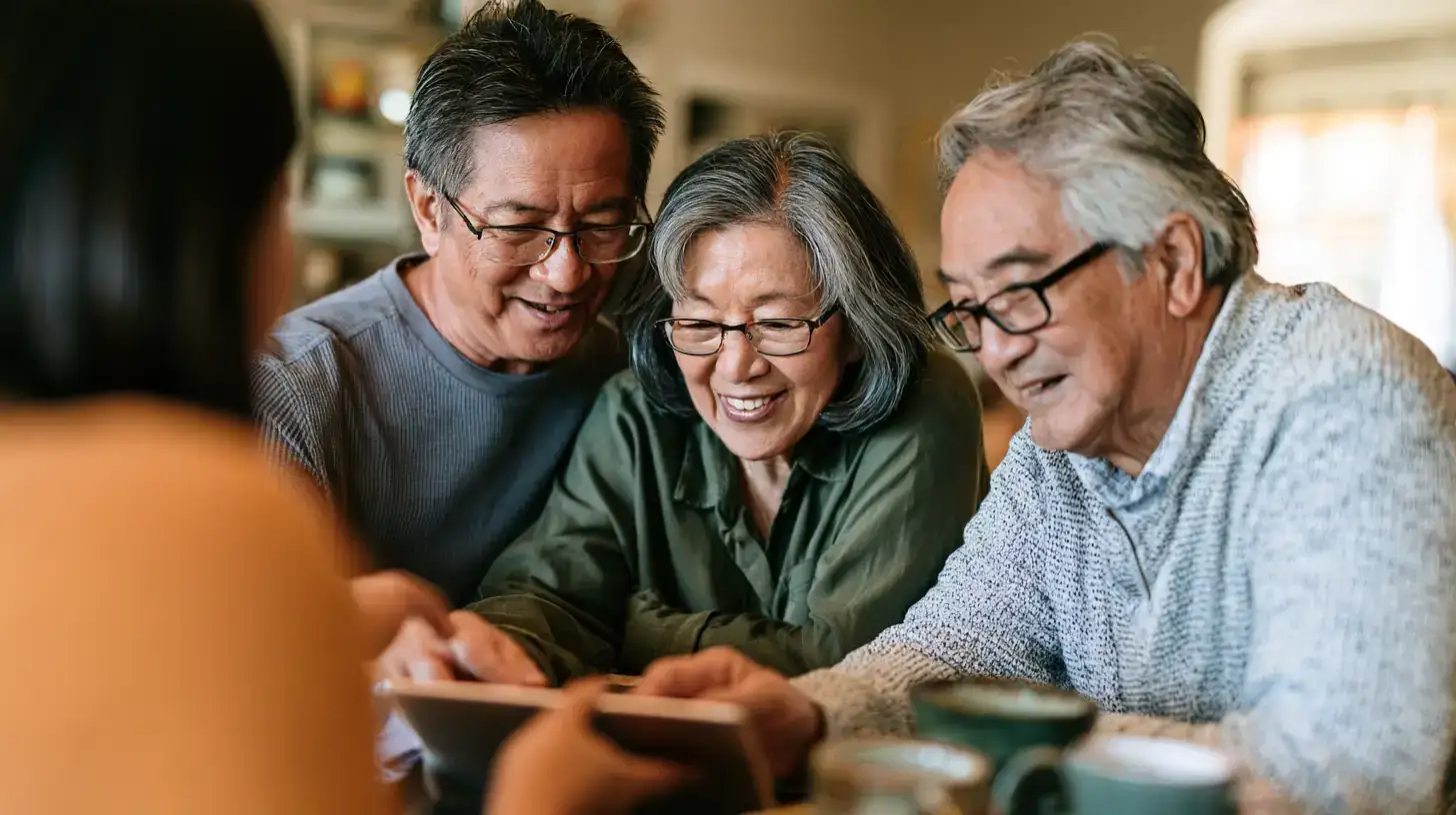 An Asian couple in their seventies showing a screen to a daughter across the table