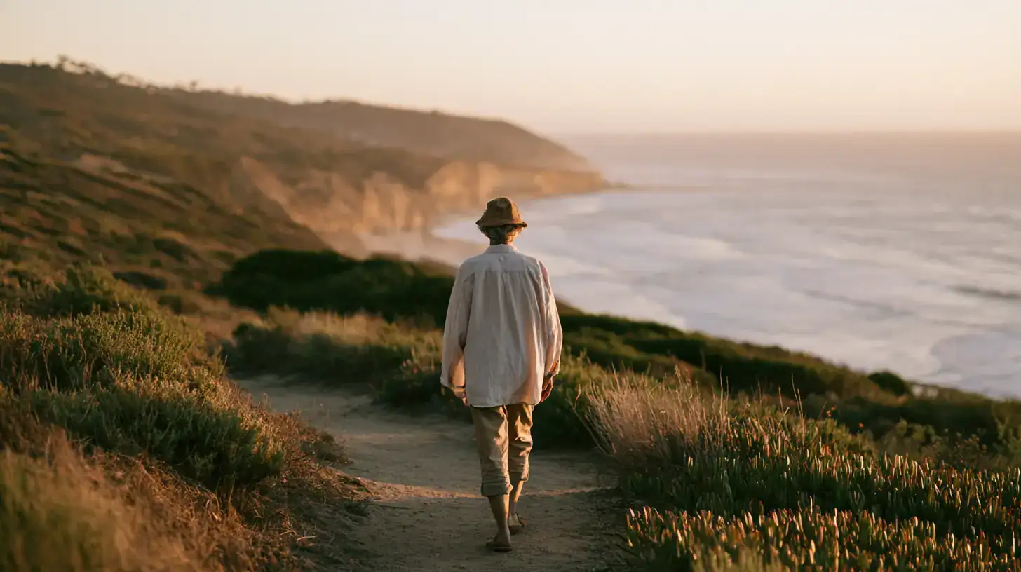 A woman in her late seventies walking happily along a familia
