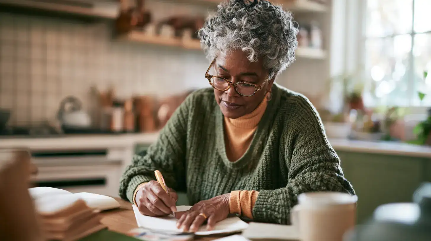 A Black woman in her seventies reading an appointment letter at the kitchen table