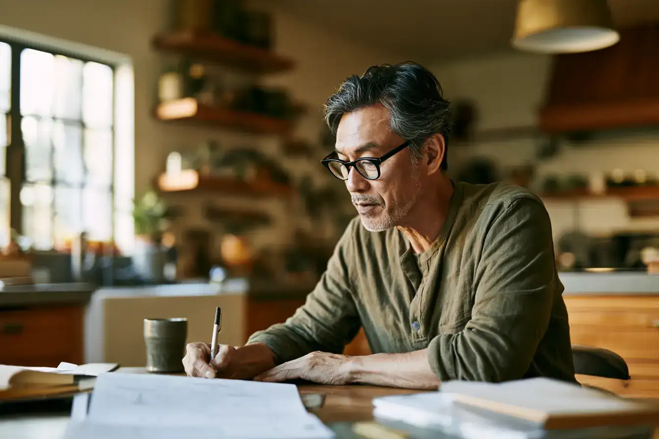 An Asian man in his fifties writing questions on a notepad the night before